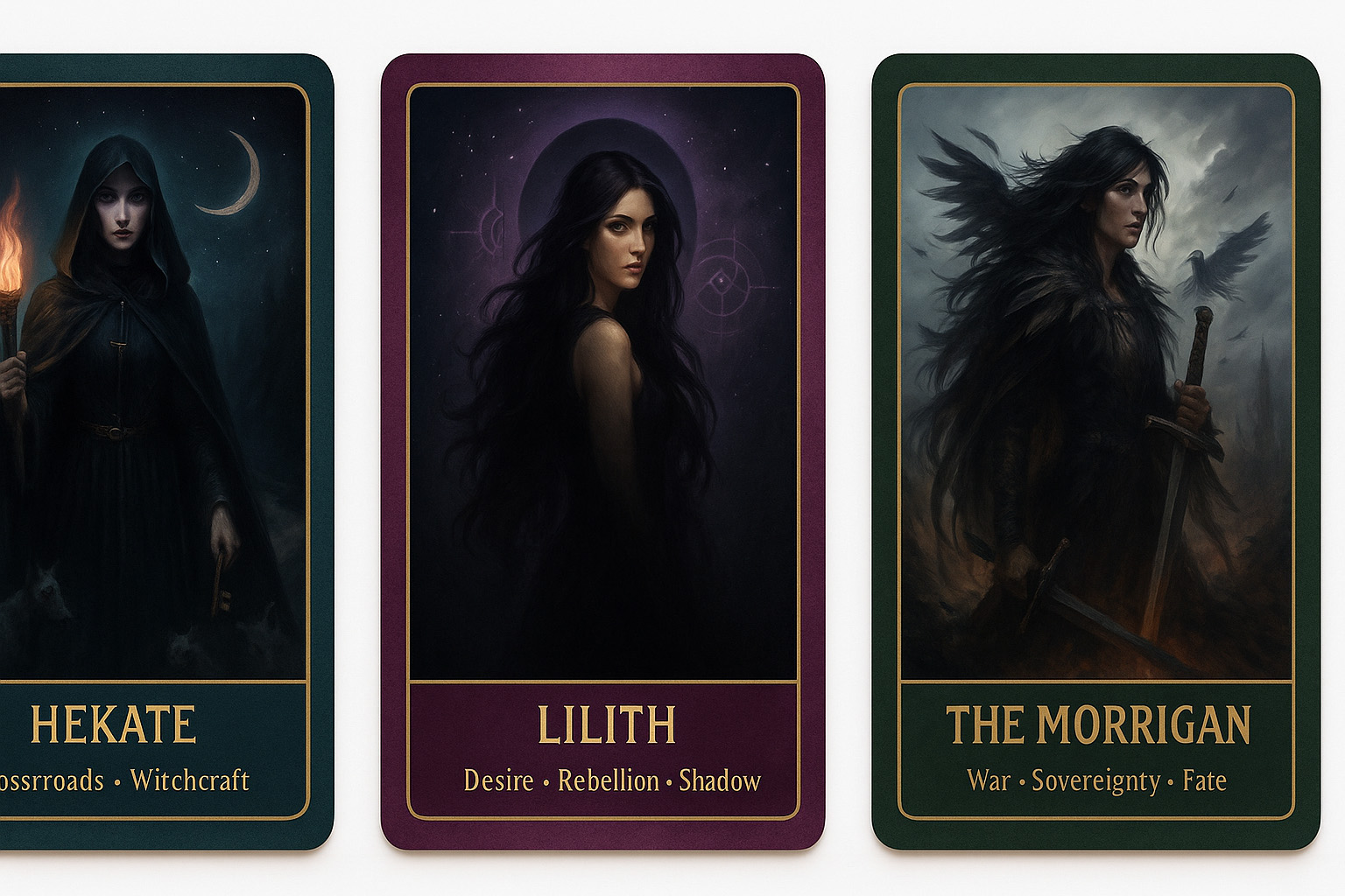 Three oracle cards on a white background showing Hekate, Lilith and The Morrigan, illustrating Dark Goddesses Names and Dark Goddesses Mythology in a modern deck style.