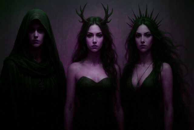Three mysterious dark goddesses standing side by side in shadow, illustrating who are the Dark Goddesses and the power of the dark feminine.