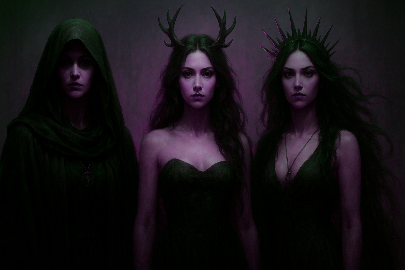 Three mysterious dark goddesses standing side by side in shadow, illustrating who are the Dark Goddesses and the power of the dark feminine.