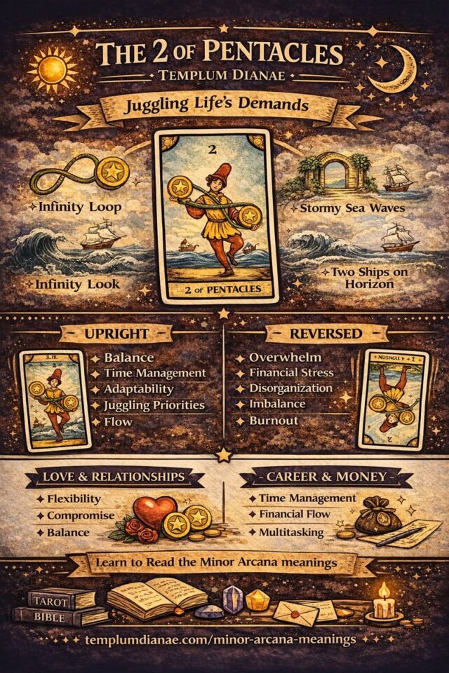 2 of Pentacles card meaning infographic cheat sheet