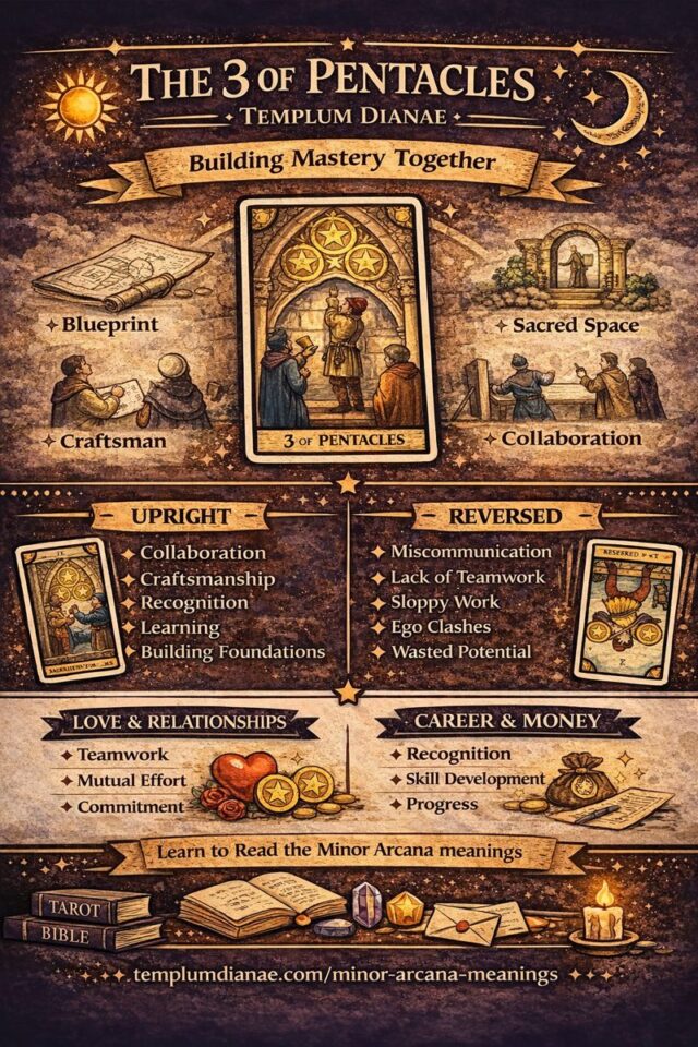 3 of Pentacles card meaning infographic cheat sheet