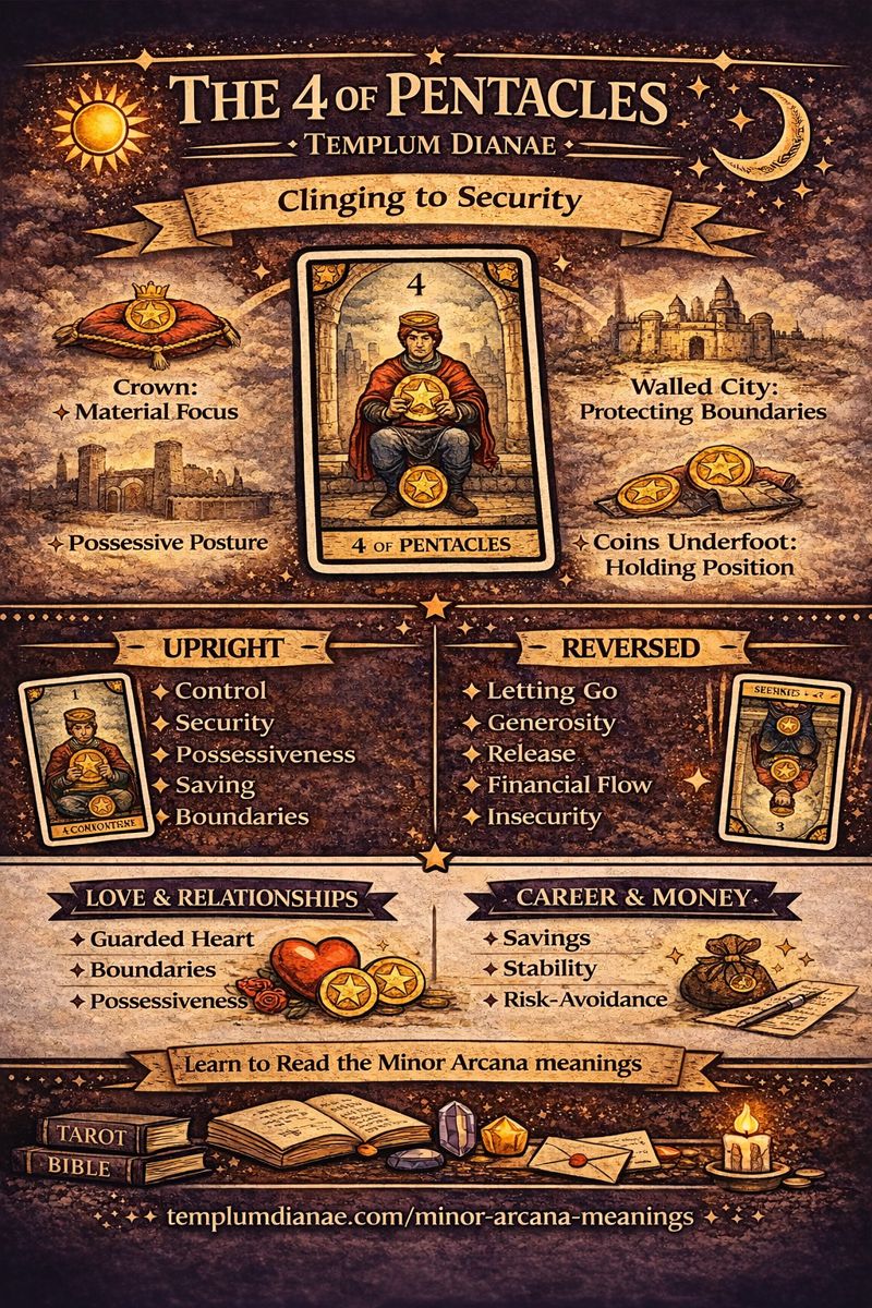 4 of Pentacles card meaning infographic cheat sheet