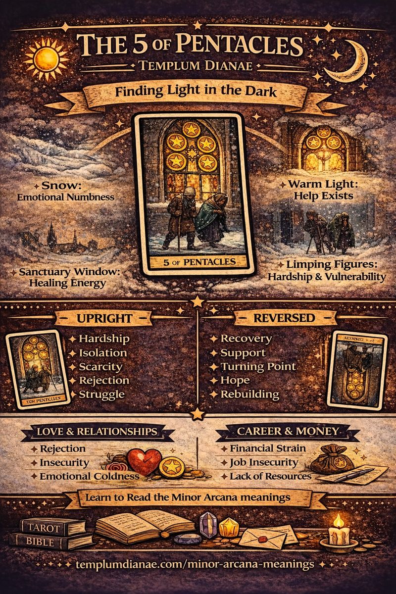 5 of Pentacles card meaning infographic cheat sheet