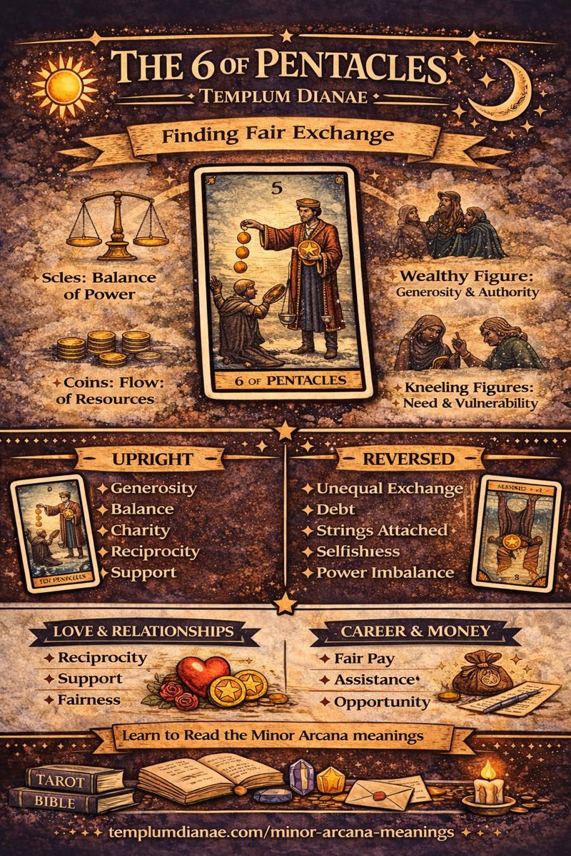 6 of Pentacles card meaning infographic cheat sheet