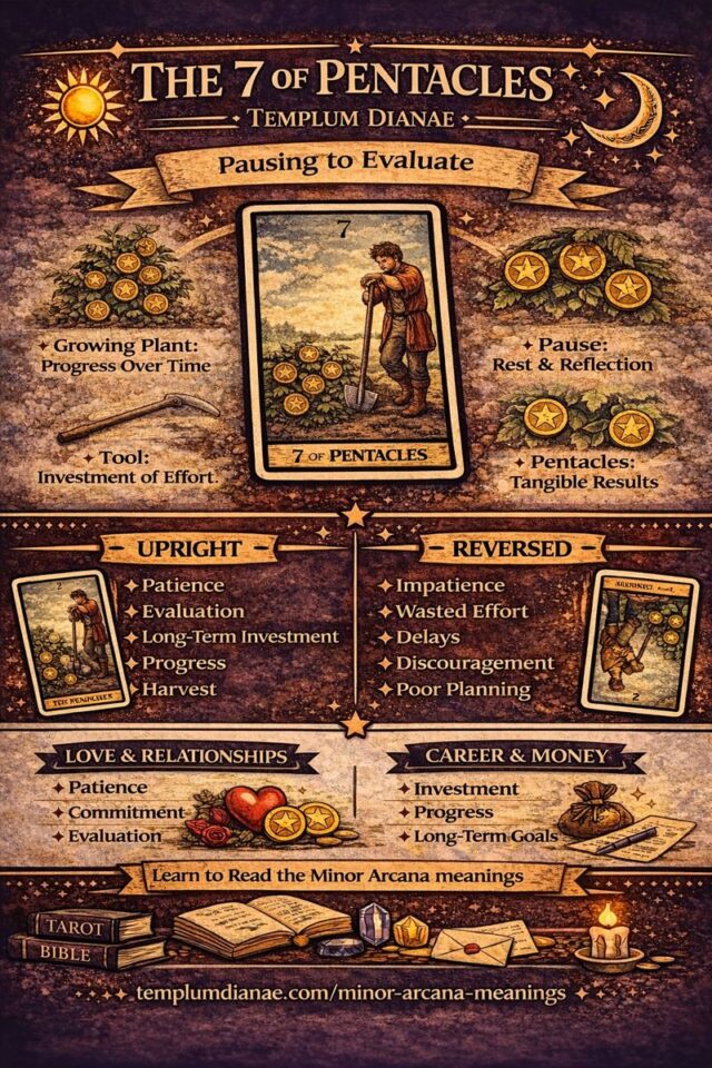 7 of Pentacles card meaning infographic cheat sheet