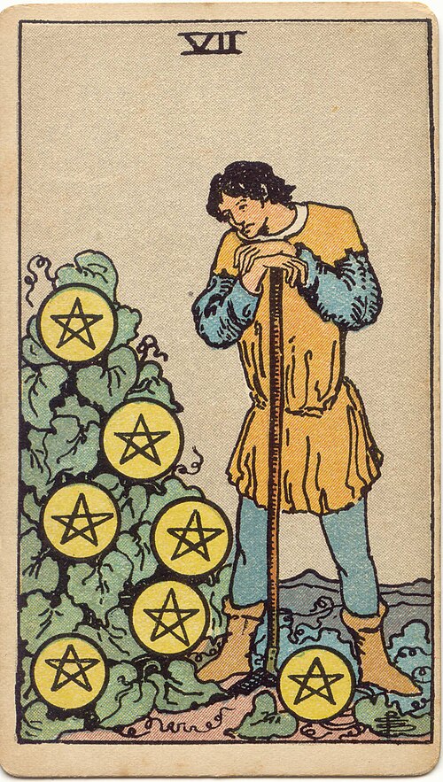 7 of Pentacles tarot card from the Rider-Waite-Smith deck