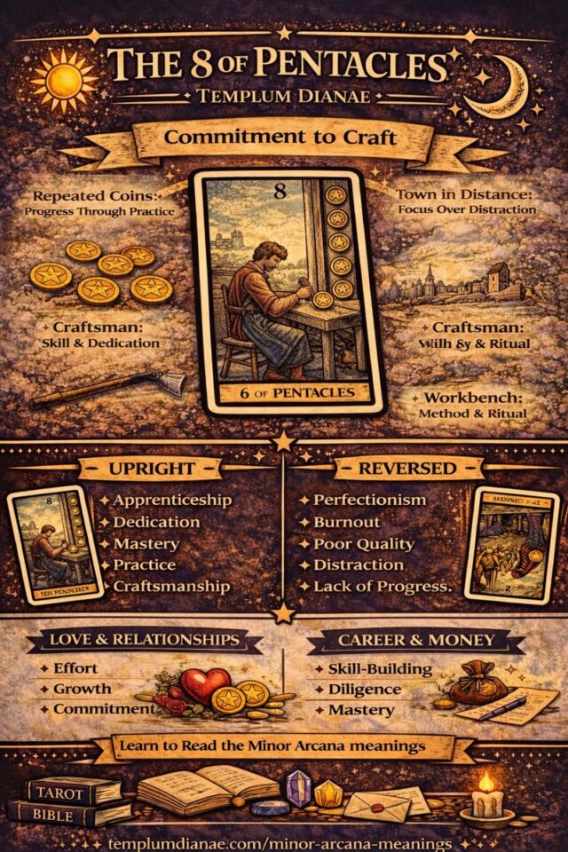 8 of Pentacles card meaning infographic cheat sheet