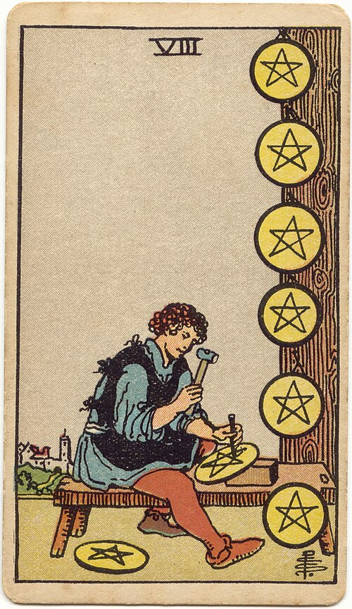 8 of Pentacles tarot card from the Rider-Waite-Smith deck
