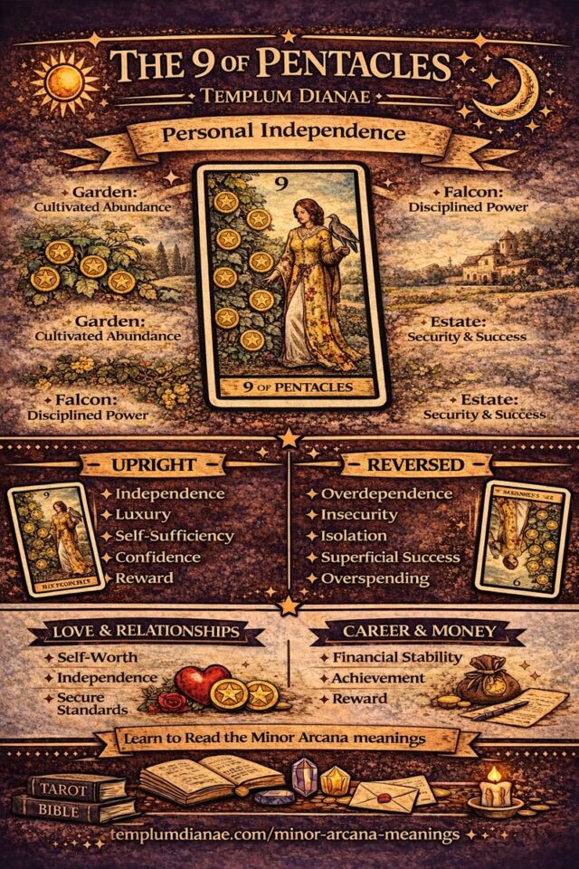9 of Pentacles card meaning infographic cheat sheet