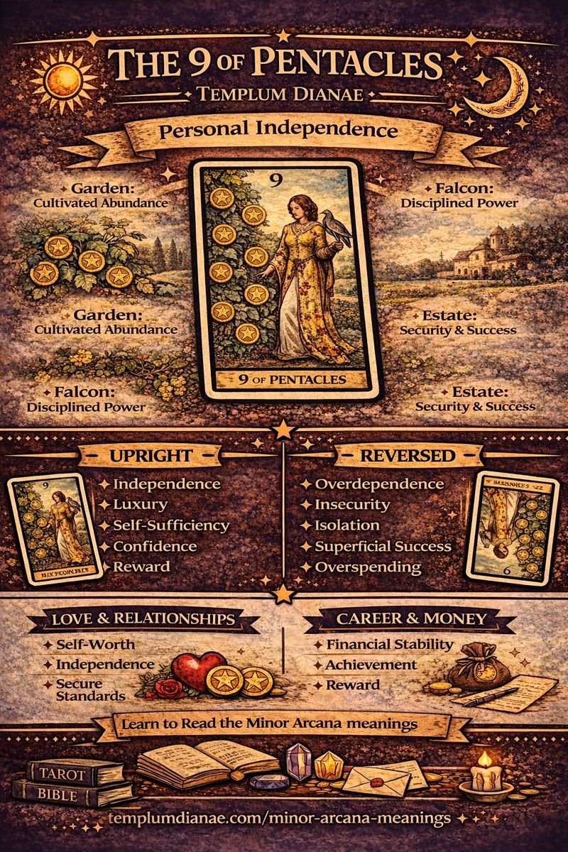 9 of Pentacles card meaning infographic cheat sheet