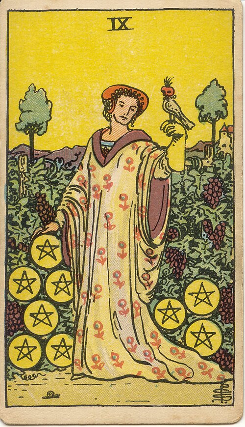 9 of Pentacles tarot card from the Rider-Waite-Smith deck