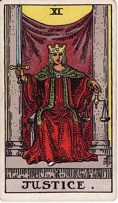 Justice tarot card from the Rider-Waite-Smith deck