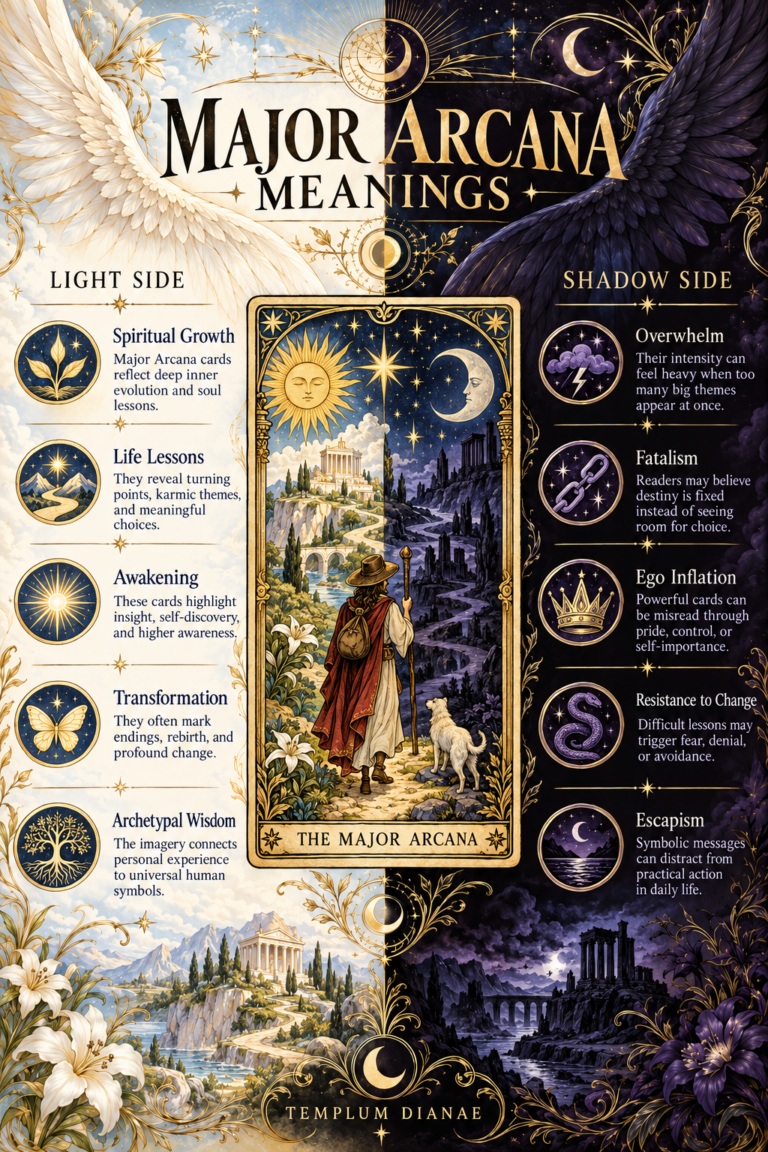 Major Arcana meanings infographic, visual tarot cheat sheet and summary spreadsheet of five light side and five shadow side interpretations