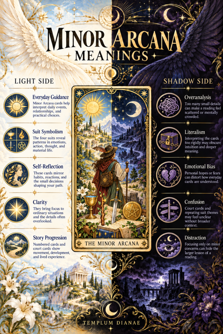 Minor Arcana meanings infographic, tarot cheat sheet and visual summary spreadsheet comparing five light side and five shadow side interpretations