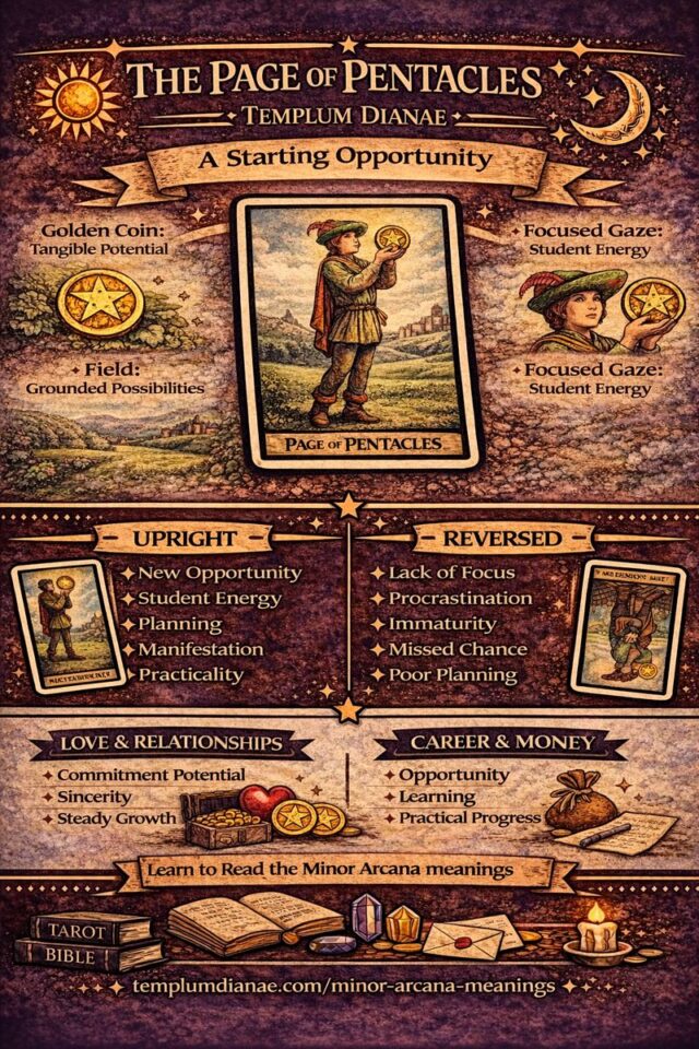 page of Pentacles card meaning infographic cheat sheet
