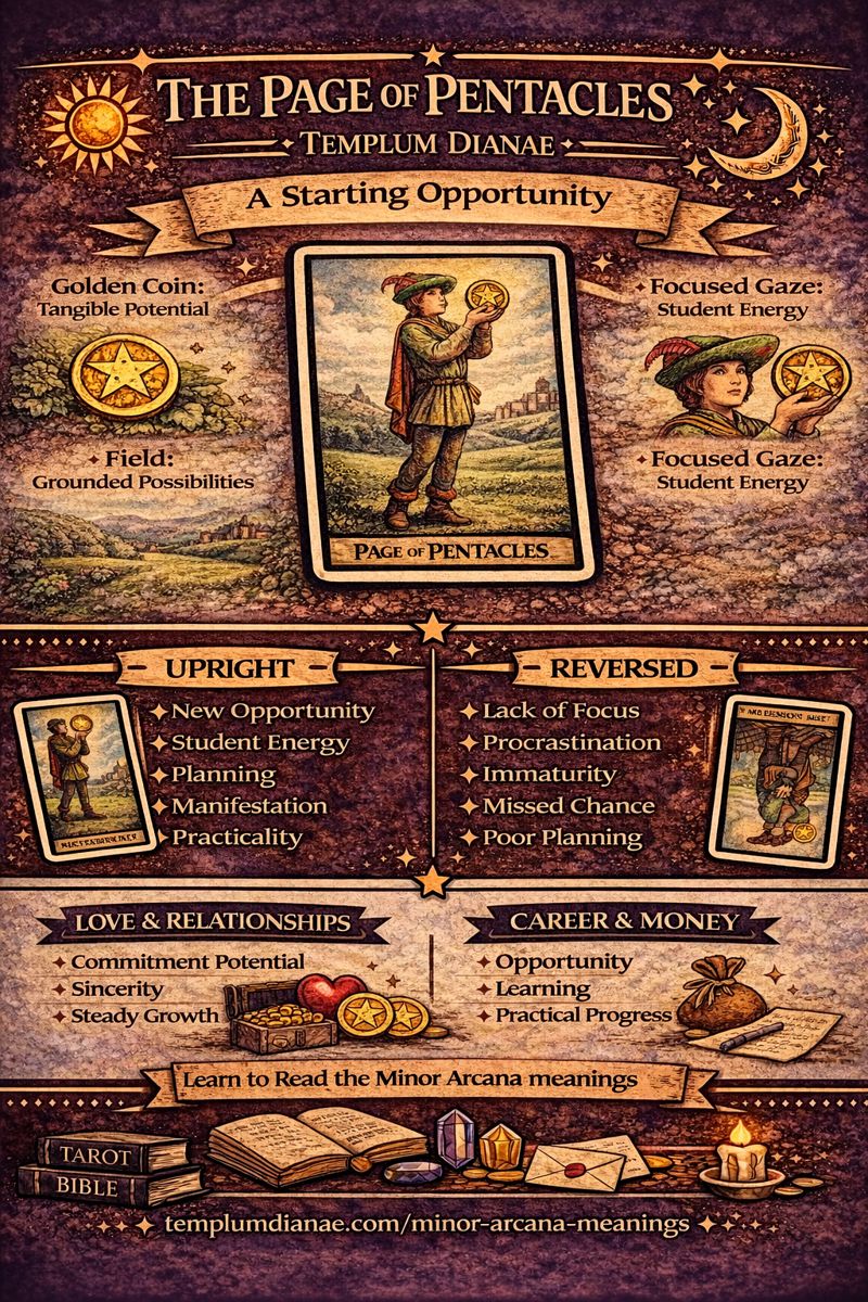 page of Pentacles card meaning infographic cheat sheet