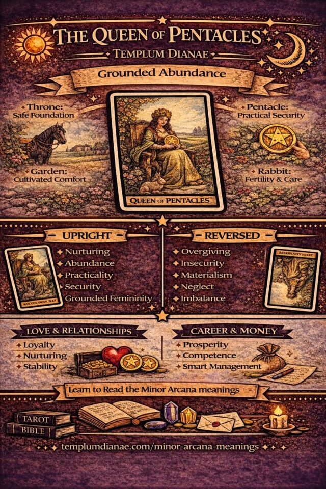 queen of Pentacles card meaning infographic cheat sheet
