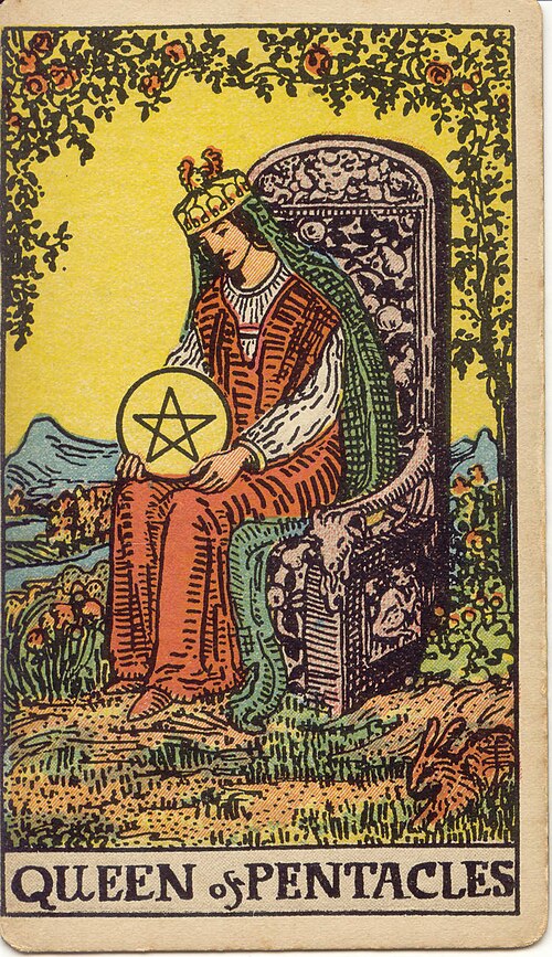 Queen of Pentacles tarot card from the Rider-Waite-Smith deck