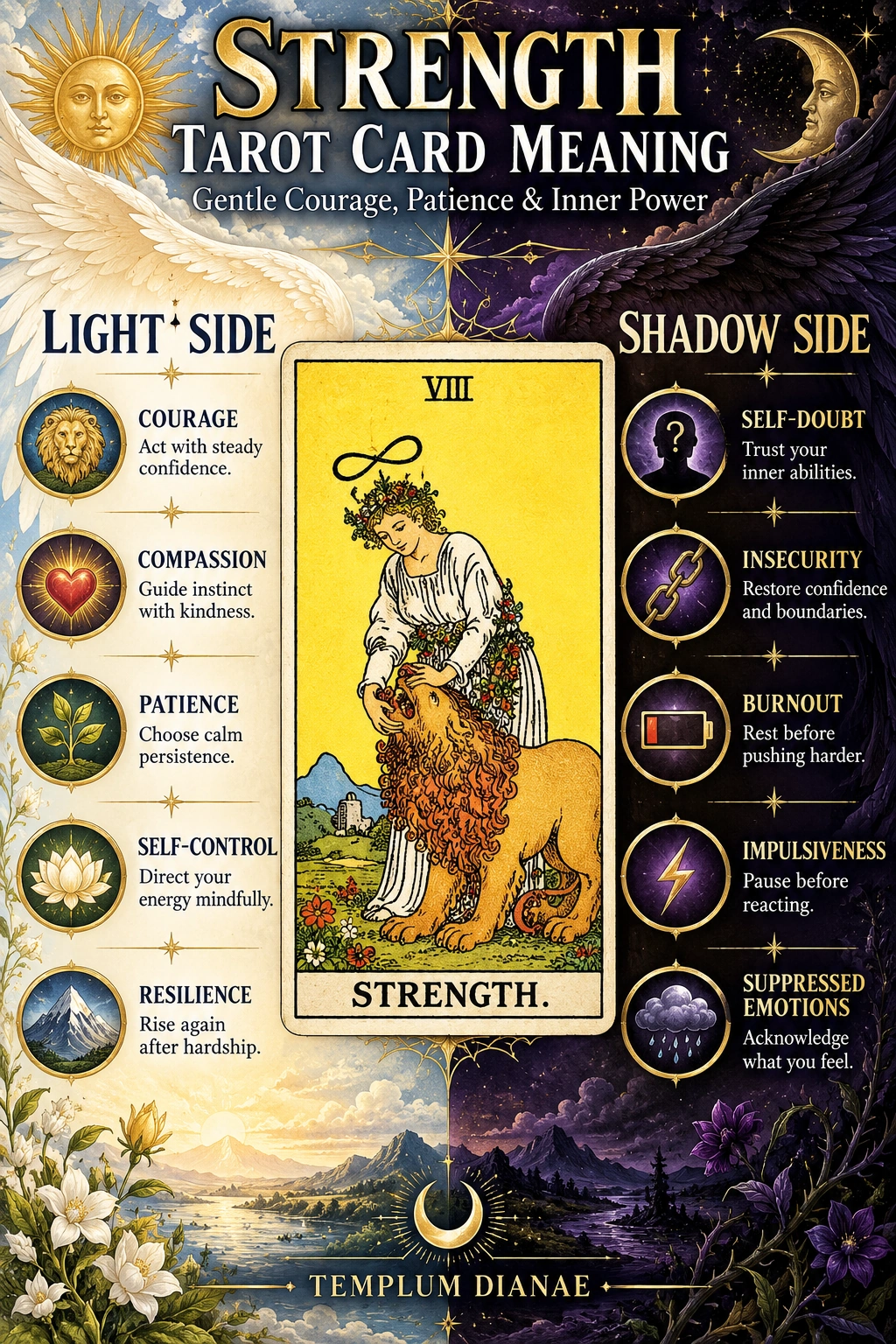 strength tarot card meaning infographic spreadsheet