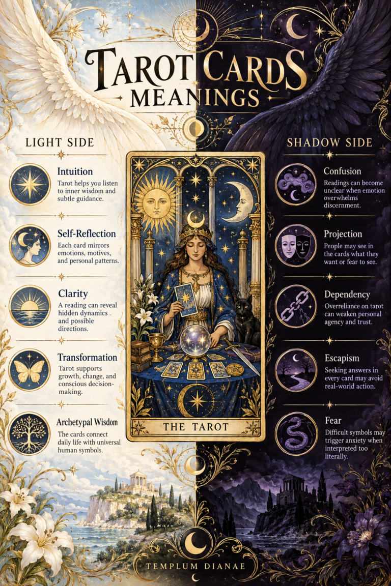 Tarot cards meanings infographic, visual cheat sheet and summary spreadsheet comparing five light side and five shadow side tarot interpretations