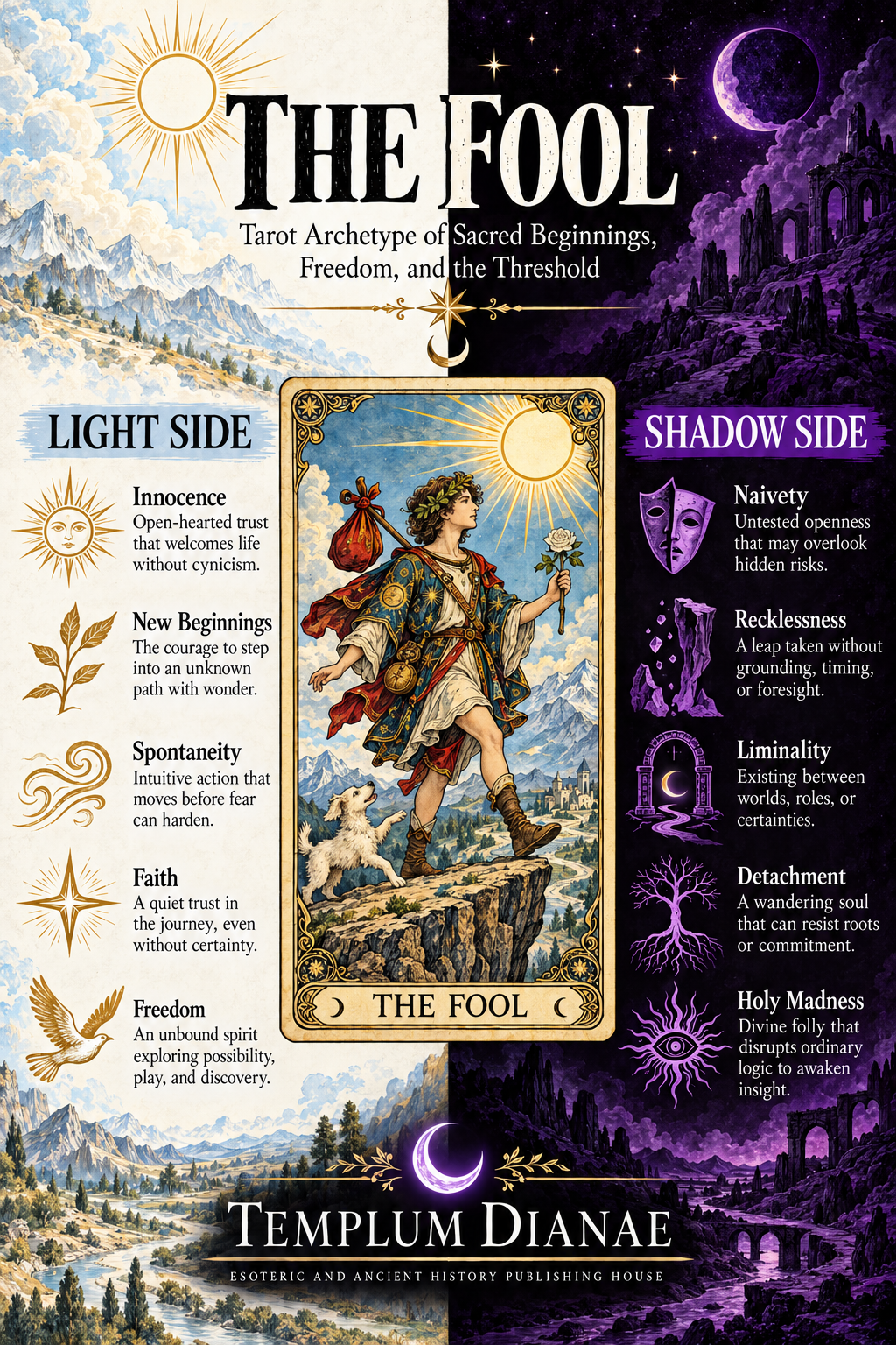 The Fool tarot card meaning infographic spreadsheet showing five Light Side and five Shadow Side archetypal meanings