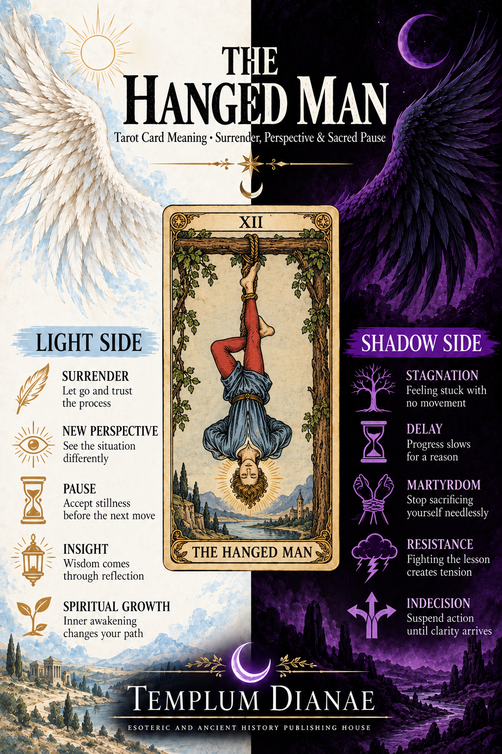 The Hanged Man tarot card meaning infographic spreadsheet showing five Light Side and five Shadow Side interpretations