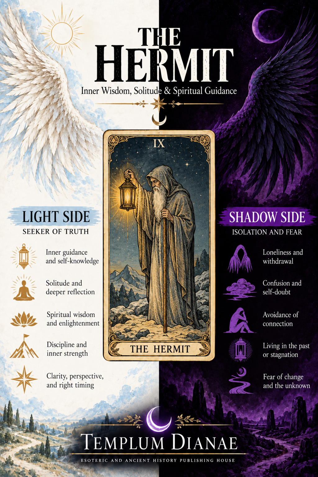 The Hermit tarot card meaning infographic spreadsheet showing five Light Side and five Shadow Side interpretations