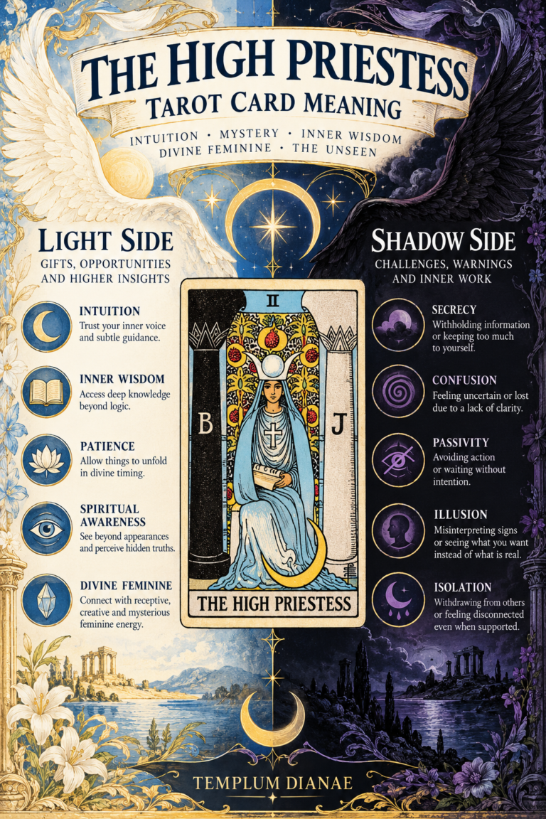 The High Priestess tarot card meaning infographic, tarot cheat sheet and summary spreadsheet of light side and shadow side meanings
