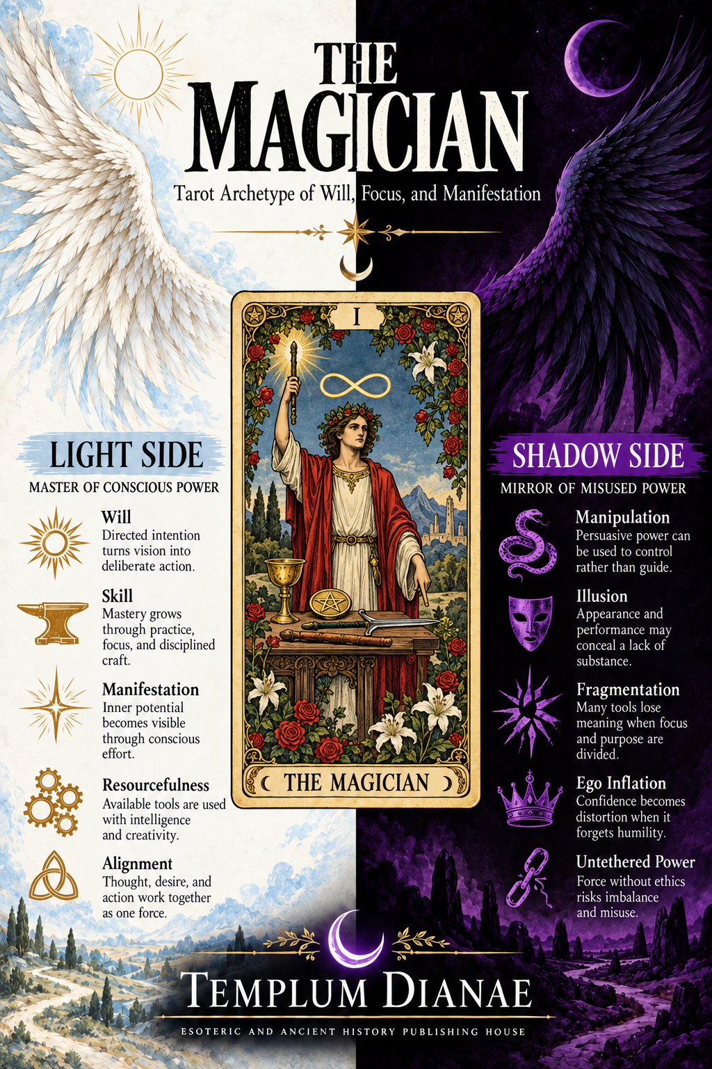 The Magician tarot card meaning infographic spreadsheet with five Light Side and five Shadow Side symbolic meanings in Rider-Waite-Smith style
