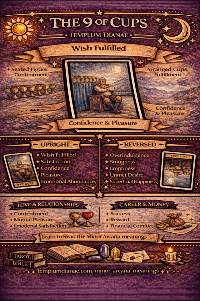 9 of cups card meaning infographic cheat sheet