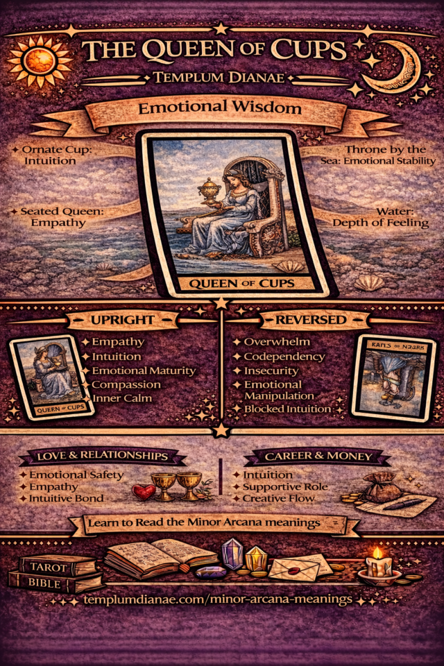 queen of cups card meaning infographic cheat sheet