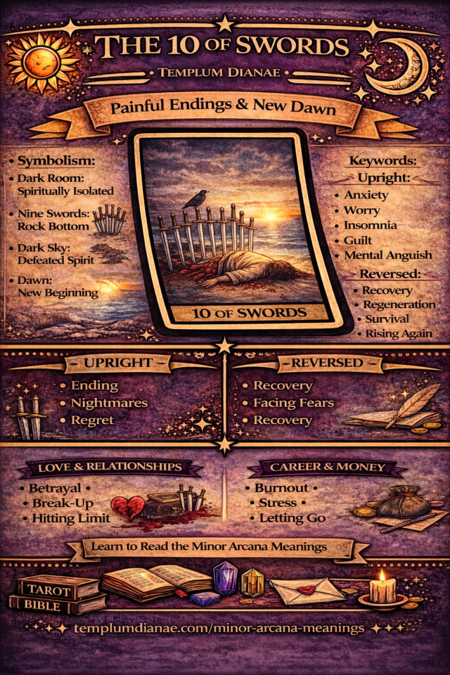 10 of Swords card meaning infographic cheat sheet with keywords and all meanings upright and reversed