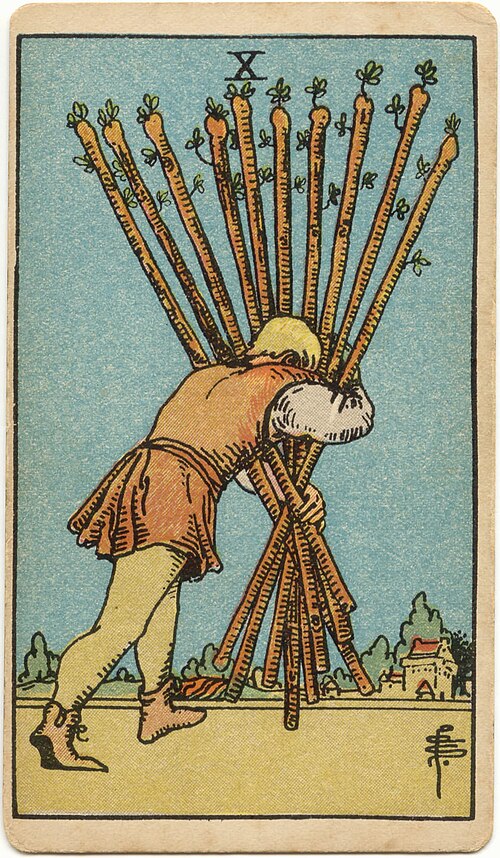 10 of Wands tarot card from the Rider-Waite-Smith deck