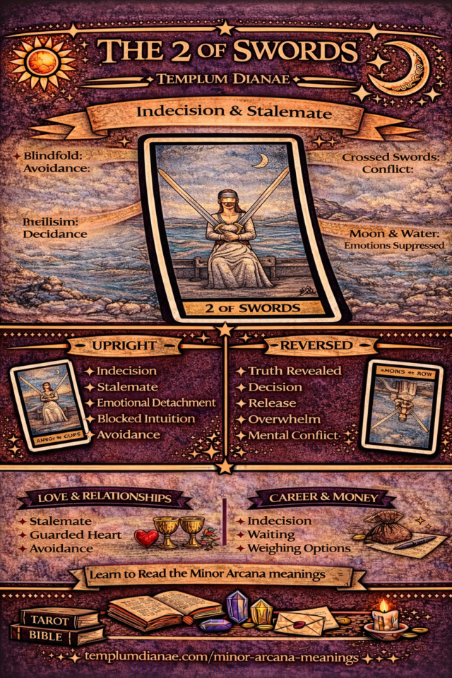 2 of Swords card meaning infographic cheat sheet with keywords and all meanings upright and reversed