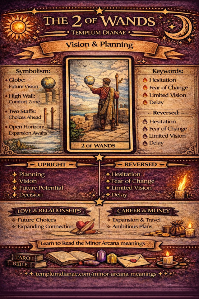 2 of wands card meaning infographic cheat sheet with keywords and all meanings upright and reversed