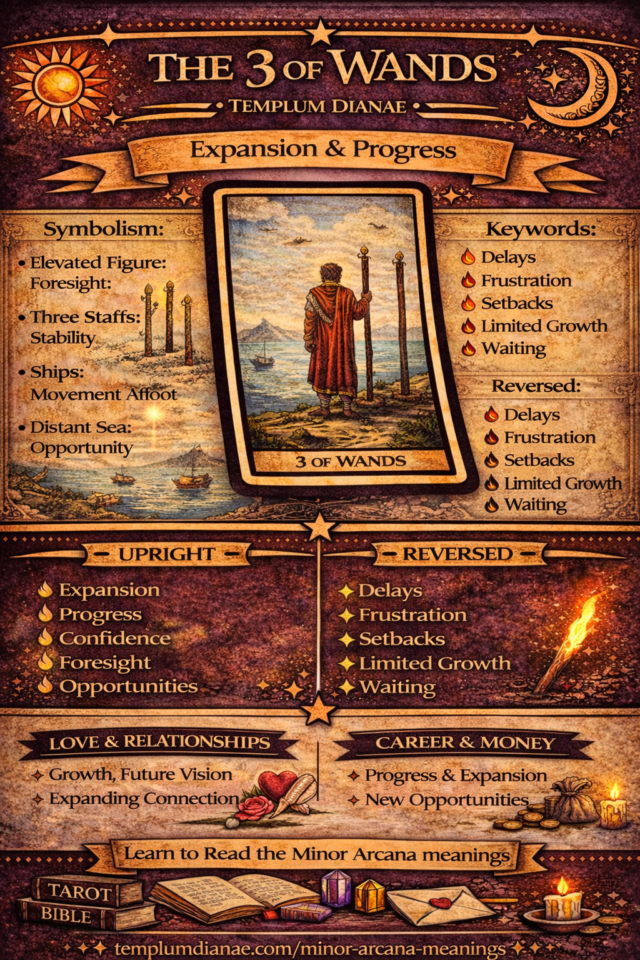 3 of wands card meaning infographic cheat sheet with keywords and all meanings upright and reversed