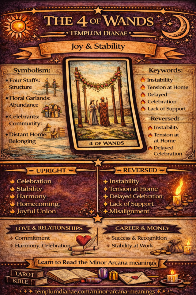 4 of wands card meaning infographic cheat sheet with keywords and all meanings upright and reversed