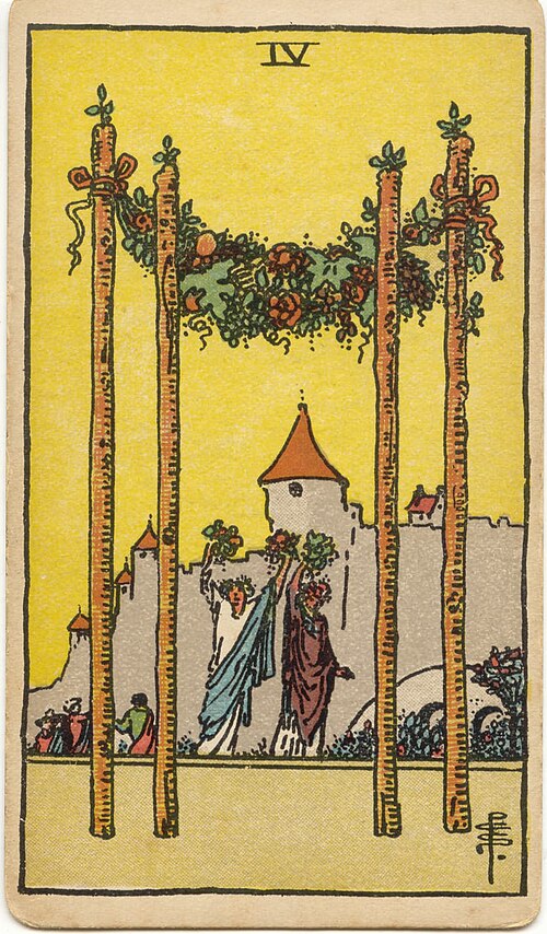 4 of Wands tarot card from the Rider-Waite-Smith deck