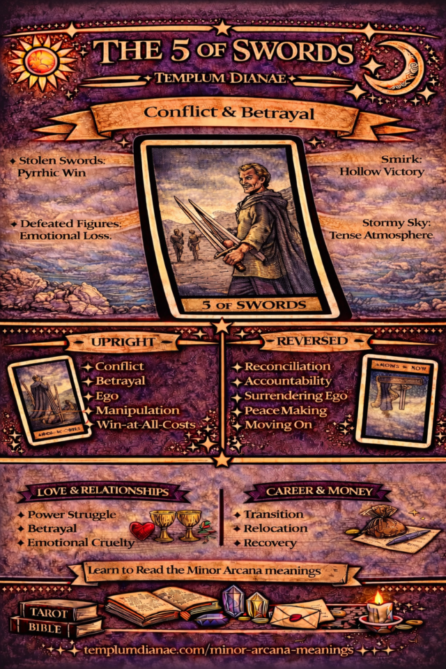 5 of Swords card meaning infographic cheat sheet with keywords and all meanings upright and reversed