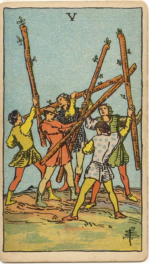 5 of Wands tarot card from the Rider-Waite-Smith deck