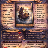 6 of Swords card meaning infographic cheat sheet with keywords and all meanings upright and reversed