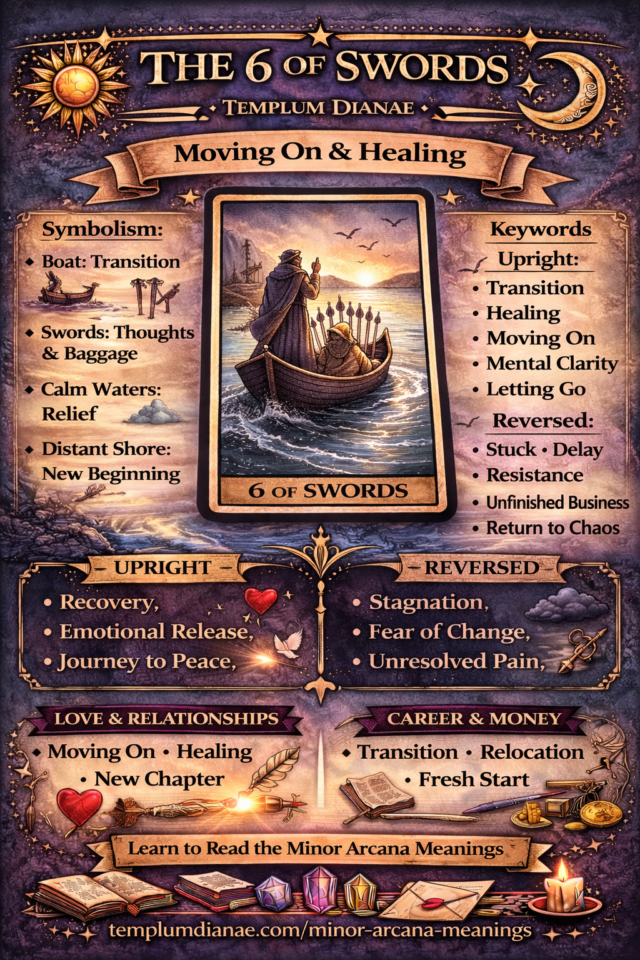 6 of Swords card meaning infographic cheat sheet with keywords and all meanings upright and reversed