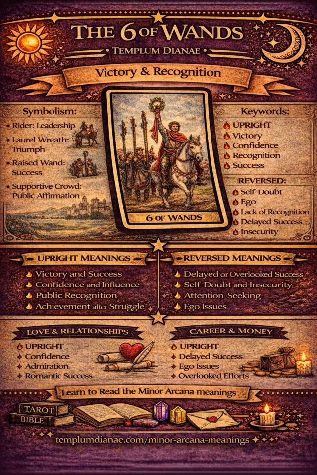6 of wands card meaning infographic cheat sheet with keywords and all meanings upright and reversed