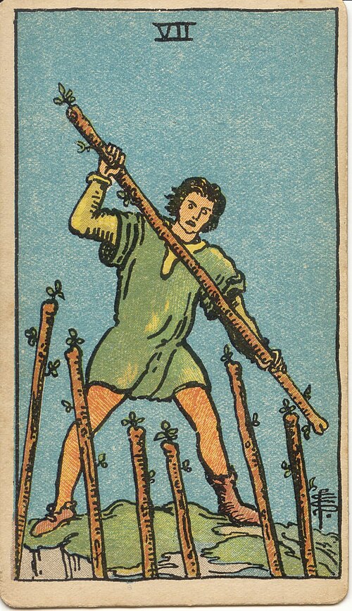 7 of Wands tarot card from the Rider-Waite-Smith deck