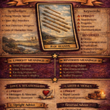 8 of wands card meaning infographic cheat sheet with keywords and all meanings upright and reversed