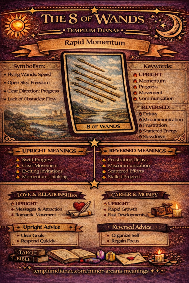 8 of wands card meaning infographic cheat sheet with keywords and all meanings upright and reversed