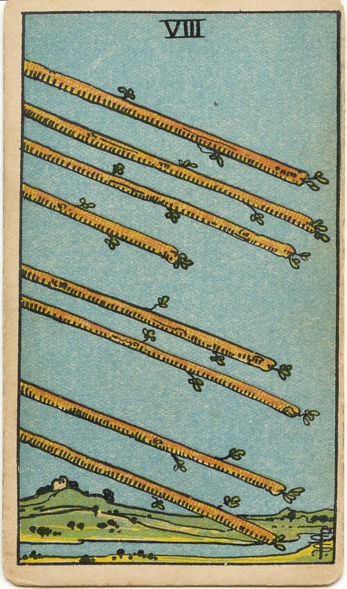 8 of Wands tarot card from the Rider-Waite-Smith deck