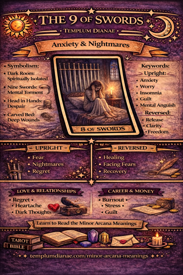 9 of Swords card meaning infographic cheat sheet with keywords and all meanings upright and reversed