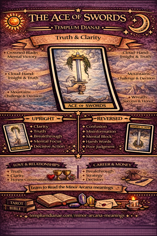 ace of Swords card meaning infographic cheat sheet with keywords and all meanings uprigh and reversed