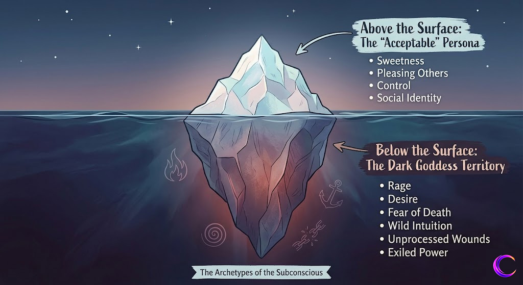 Iceberg diagram showing the dark feminine psyche: above the surface, the socially acceptable self; below, the shadow territory of Dark Goddesses including rage, grief, desire, and exiled power